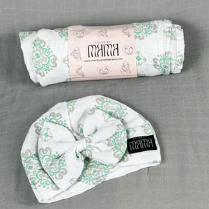 Baby green block printed Muslin organic cotton swaddles styled by mommy and me arabia