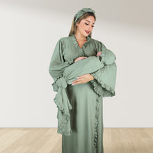 Load image into Gallery viewer, OLIVE GREEN BLUE SIGNATURE RUFFLED ROBE AND LETTUCE SWADDLE SET
