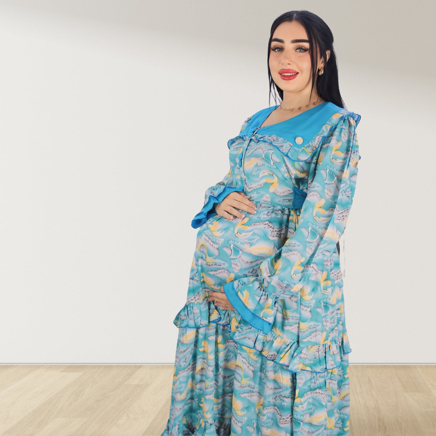 MAITHA VINTAGE CORAL BLUE DOUBLE LAYERED MATERNITY AND NURSING GOWN WITH ZIPPER