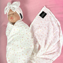 Load image into Gallery viewer, Floral block printed Muslin organic cotton swaddles styled by mommy and me arabia
