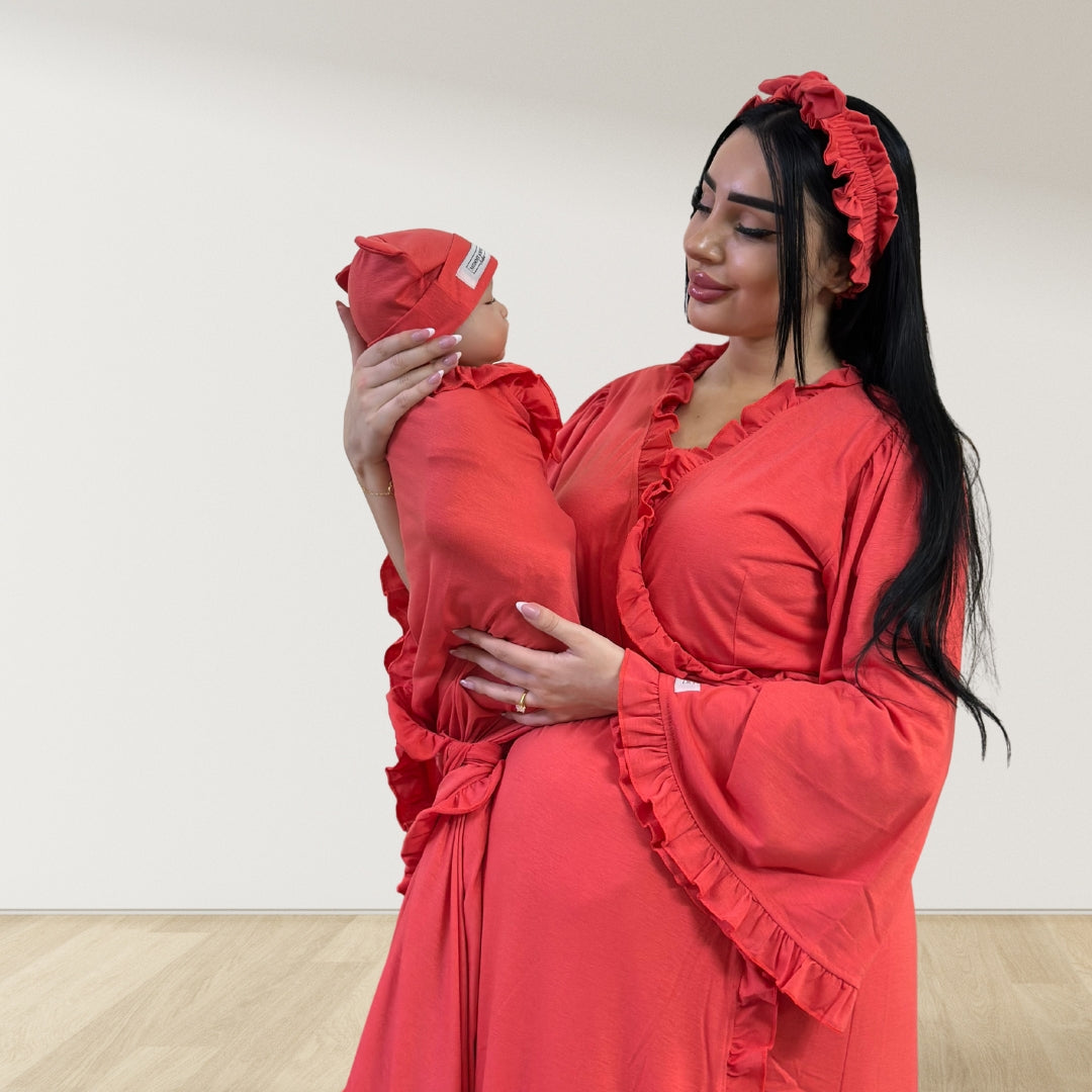CORAL RED SIGNATURE RUFFLED ROBE AND LETTUCE SWADDLE SET