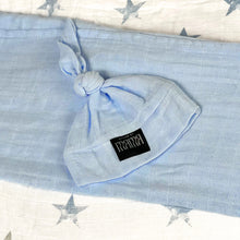 Load image into Gallery viewer, Solid baby blue muslin organic cotton swaddles styled by mommy and me arabia
