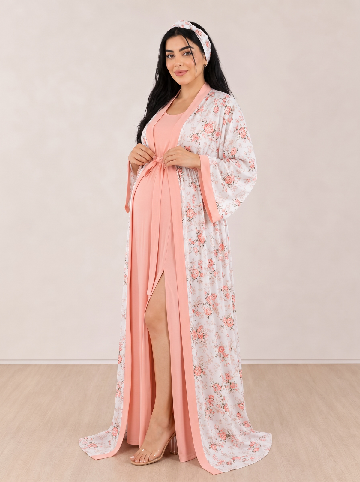 Additional view of Peach and White Mommy and Me 5 in 1 Long Maternity Set