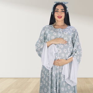 MAHRA GREY PREMIUM COTTON TRIMMED  MATERNITY AND NURSING DRESS WITH ZIPPER