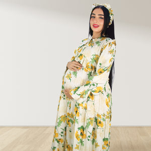 MALIKAT ALWURUD YELLOW LAYERED MATERNITY AND NURSING GOWN