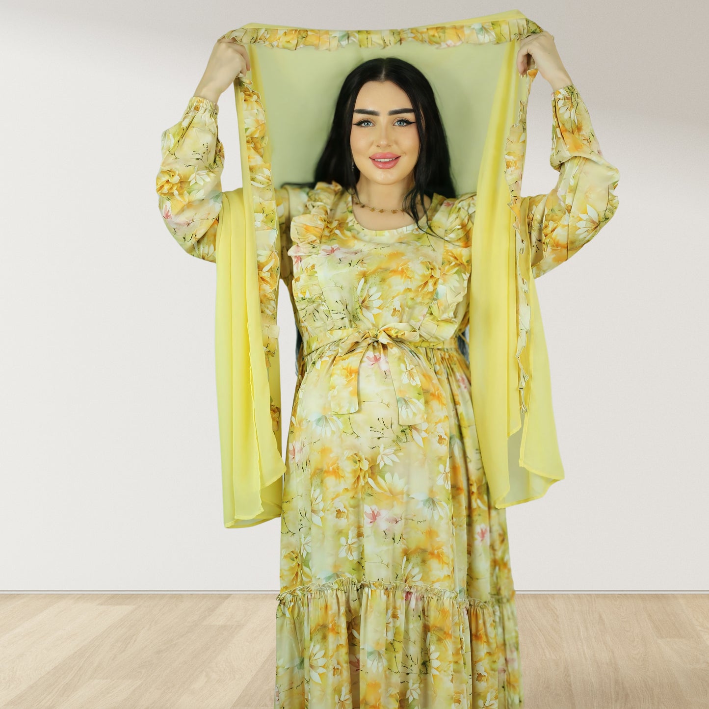 REEM YELLOW FLORAL DOUBLE ZIPPER MATERNITY AND NURSING DRESS
