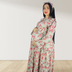 MALIKAT ALWURUD PISTA GREEN LAYERED MATERNITY AND NURSING GOWN