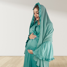Load image into Gallery viewer, PINE GREEN SIGNATURE RUFFLED ROBE AND LETTUCE SWADDLE SET
