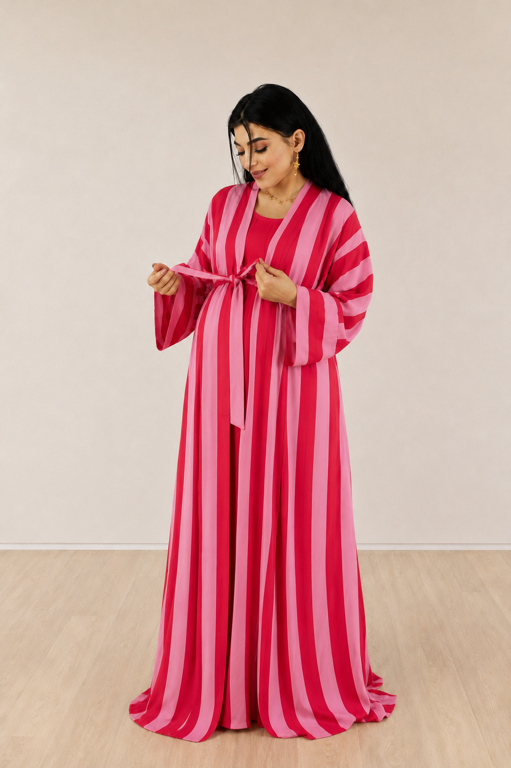 Additional view of Pink and Ref Stripes Mommy and Me 5 in 1 Long Maternity Set