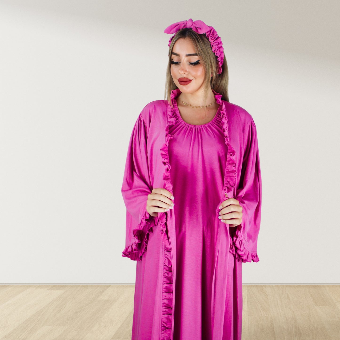 BARBIE PINK SIGNATURE RUFFLED ROBE AND LETTUCE SWADDLE SET