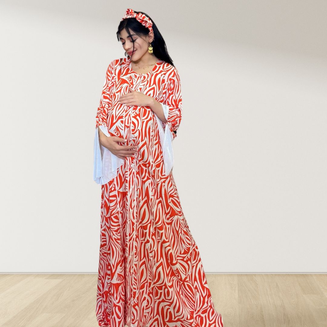 MAHRA ORANGE PREMIUM COTTON TRIMMED MATERNITY AND NURSING DRESS WITH ZIPPER