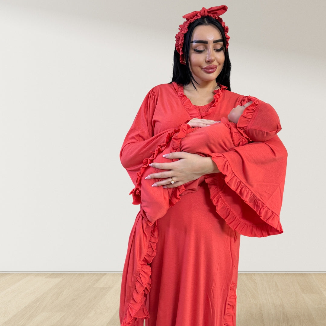 CORAL RED SIGNATURE RUFFLED ROBE AND LETTUCE SWADDLE SET