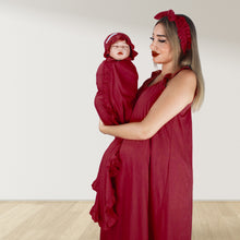 Load image into Gallery viewer, CARMINE MAROON SIGNATURE RUFFLED ROBE AND LETTUCE SWADDLE SET
