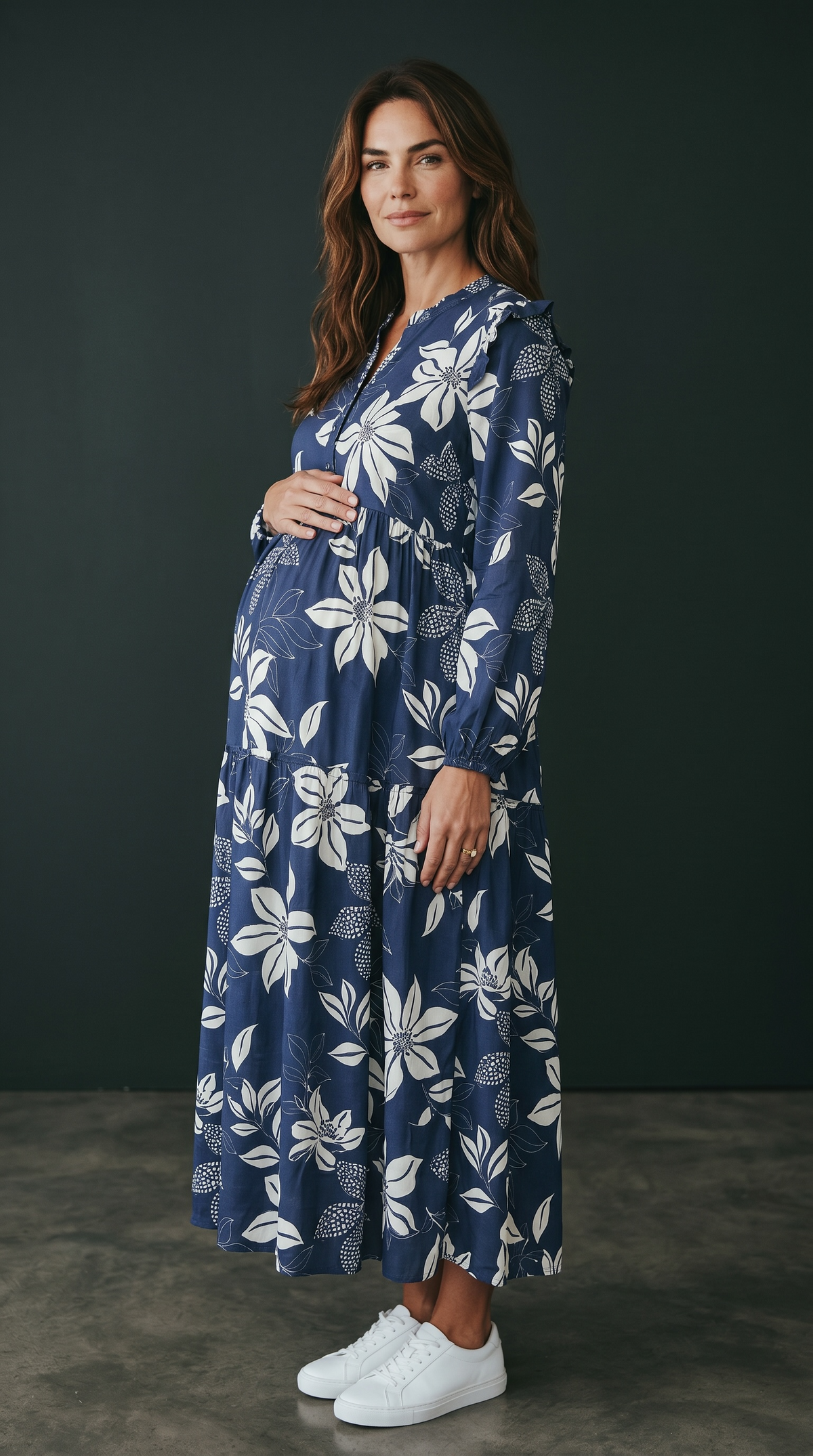 Additional view of Malika Blue Ruffle Maternity and Nursing Dress With Zipper