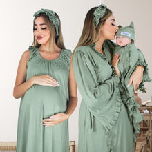 Load image into Gallery viewer, OLIVE GREEN BLUE SIGNATURE RUFFLED ROBE AND LETTUCE SWADDLE SET
