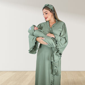 OLIVE GREEN BLUE SIGNATURE RUFFLED ROBE AND LETTUCE SWADDLE SET