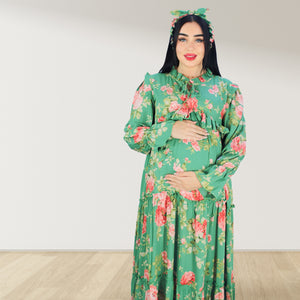 MALIKAT ALWURUD GREEN LAYERED MATERNITY AND NURSING GOWN