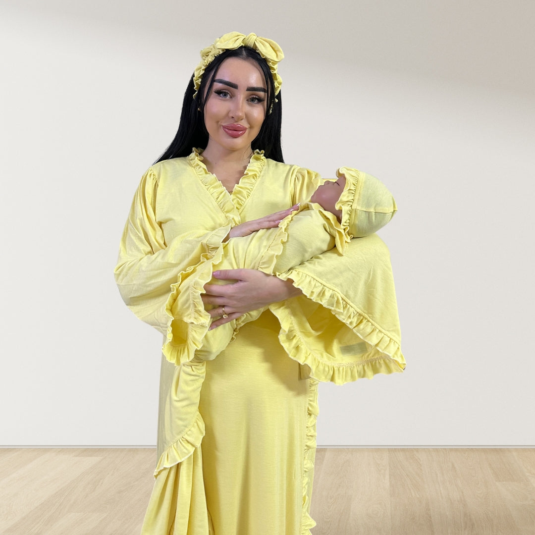 BUTTER YELLOW SIGNATURE RUFFLED ROBE AND LETTUCE SWADDLE SET