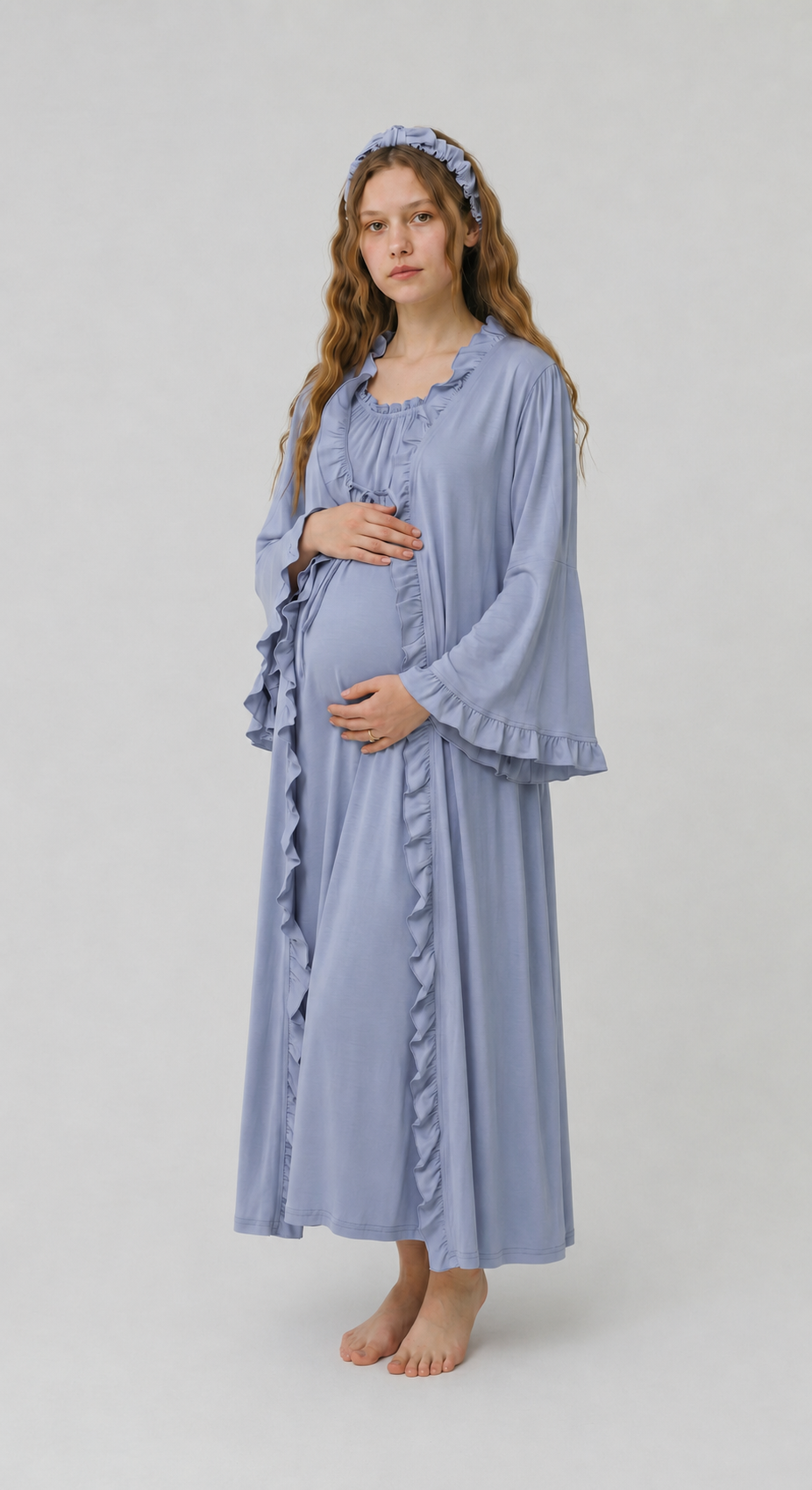 BLUE GREY SIGNATURE RUFFLED ROBE AND LETTUCE SWADDLE SET