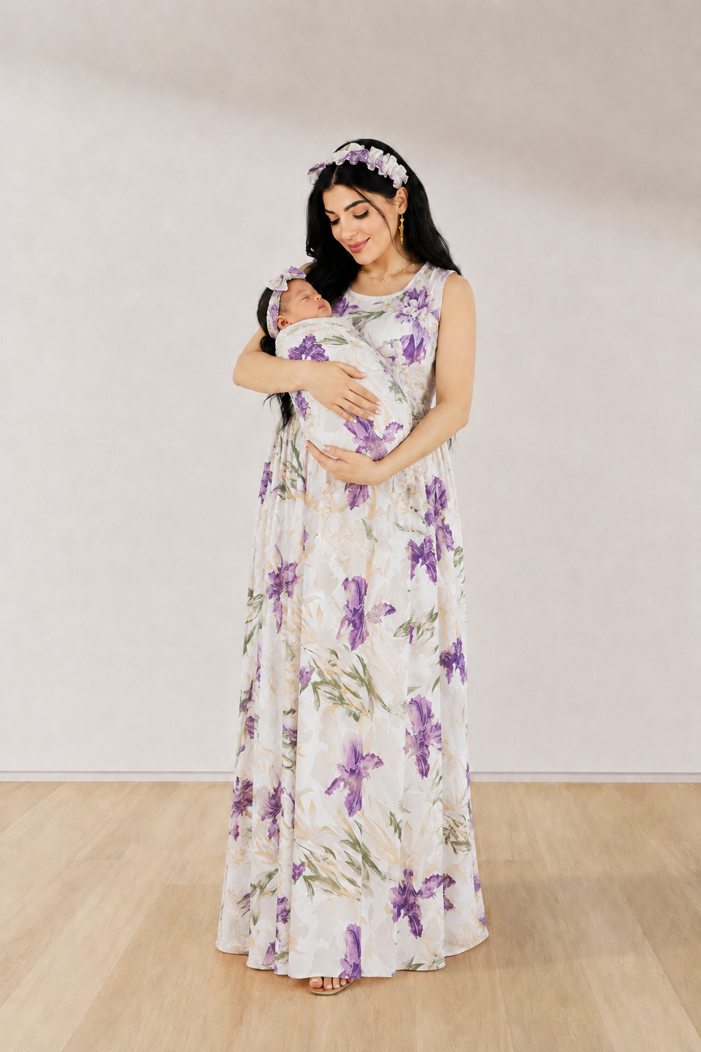 LILAC SPRING MOMMY AND ME 5 IN 1 LONG MATERNITY SET