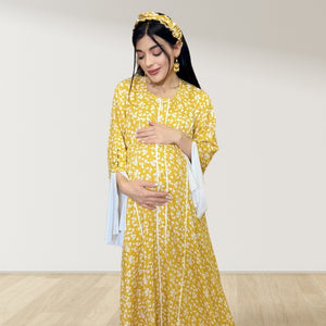 MAHRA MUSTARD YELLOW  PREMIUM COTTON TRIMMED  MATERNITY AND NURSING DRESS WITH ZIPPER