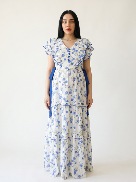 BLUE CHERRY BLOSSOM FARASHA SLEEVELESS  LAYERED MATERNITY AND NURSING GOWN