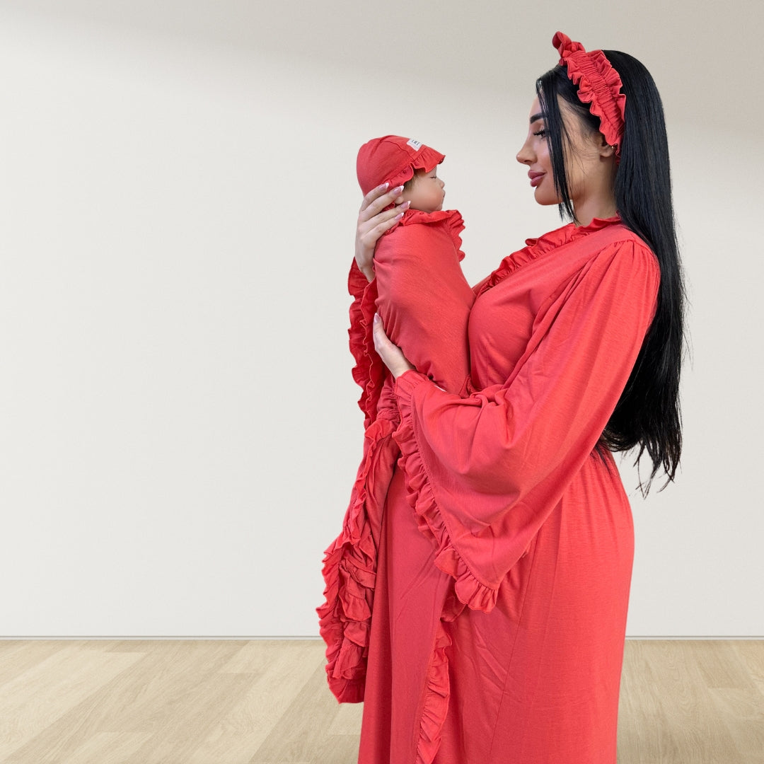 CORAL RED SIGNATURE RUFFLED ROBE AND LETTUCE SWADDLE SET