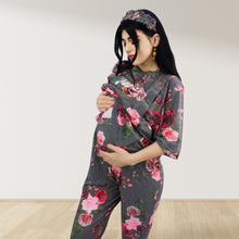 Load image into Gallery viewer, FLORAL GREY DROP SHOULDER PAJAMA SET WITH MATCHING BABY ROMPER - STYLED BY MAMA
