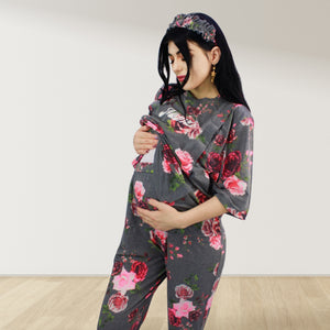 FLORAL GREY DROP SHOULDER PAJAMA SET WITH MATCHING BABY ROMPER - STYLED BY MAMA