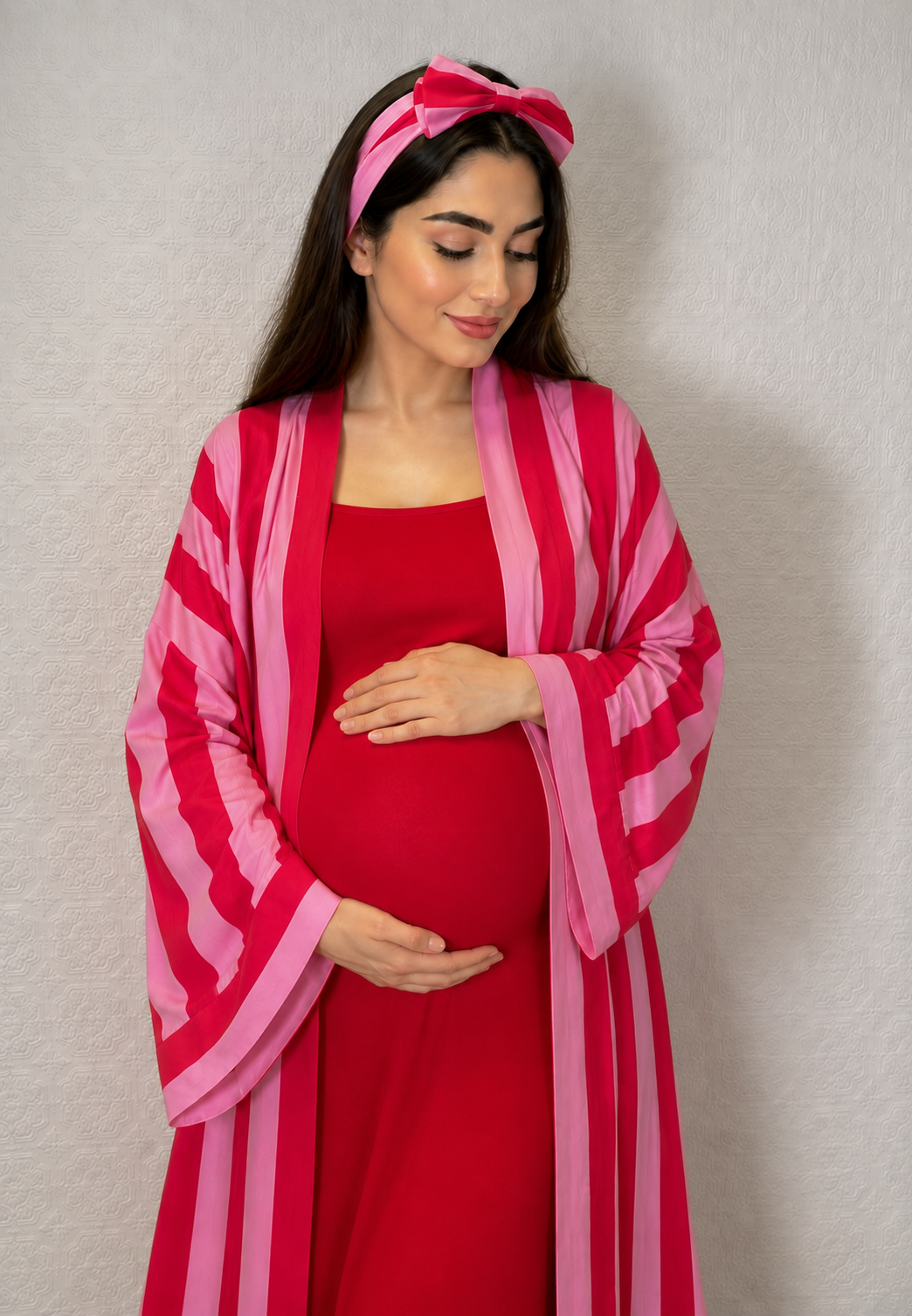 Additional view of Pink and Ref Stripes Mommy and Me 5 in 1 Long Maternity Set