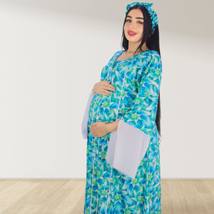 MAHRA BLUE PREMIUM COTTON TRIMMED  MATERNITY AND NURSING DRESS WITH ZIPPER