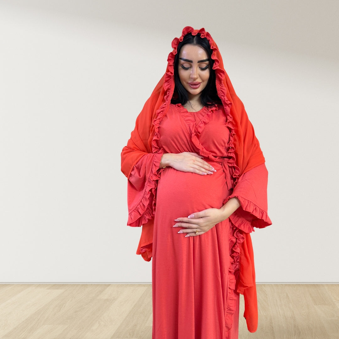 CORAL RED SIGNATURE RUFFLED ROBE AND LETTUCE SWADDLE SET