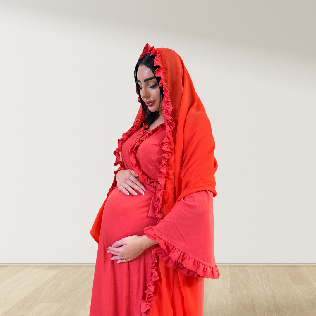 CORAL RED SIGNATURE RUFFLED ROBE AND LETTUCE SWADDLE SET