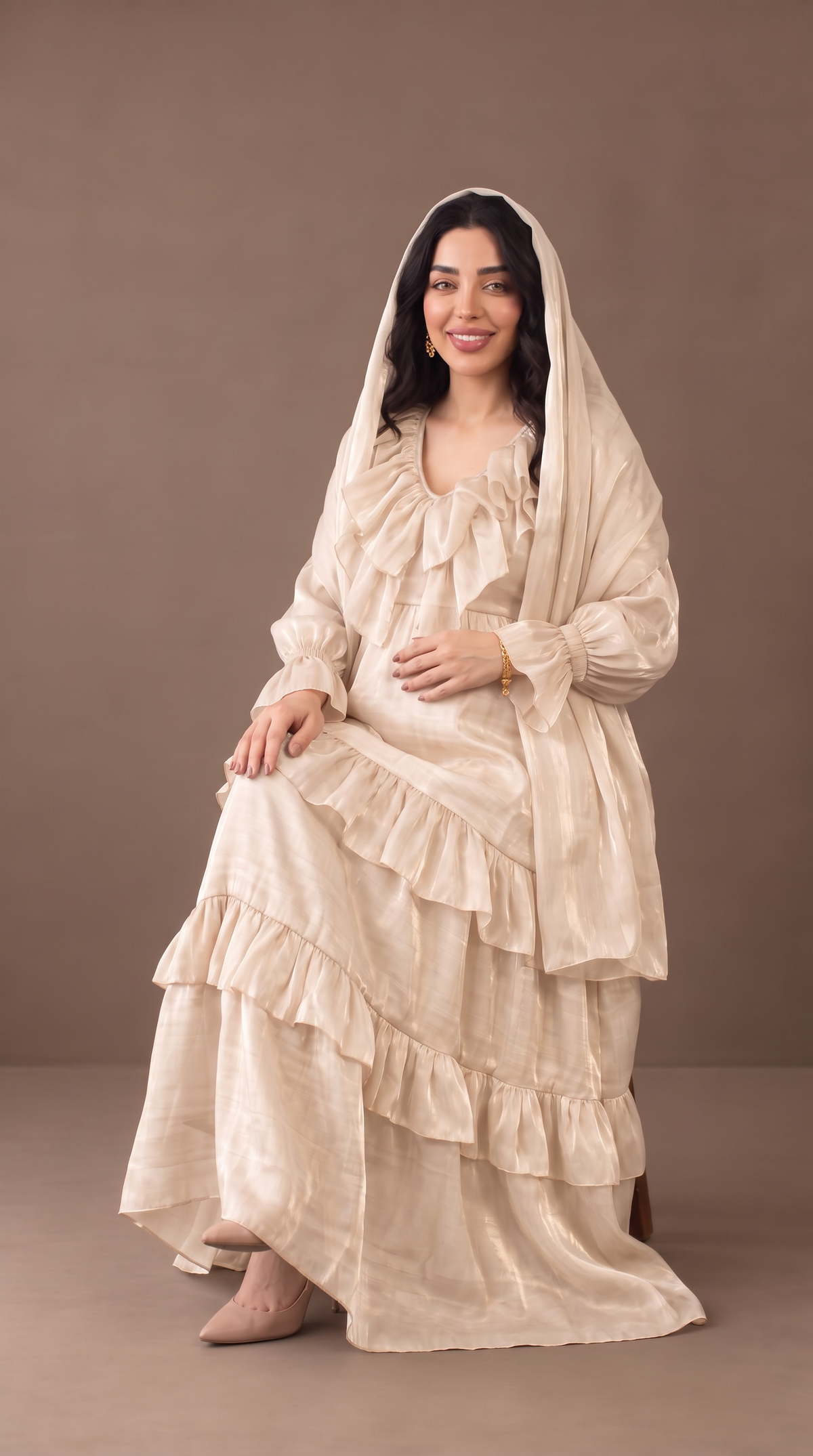Theheb beige maternity and nursing dantela maxi