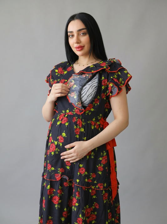 BABY ROSE BLACK  FLORAL FARASHA SLEEVELESS  LAYERED MATERNITY AND NURSING GOWN