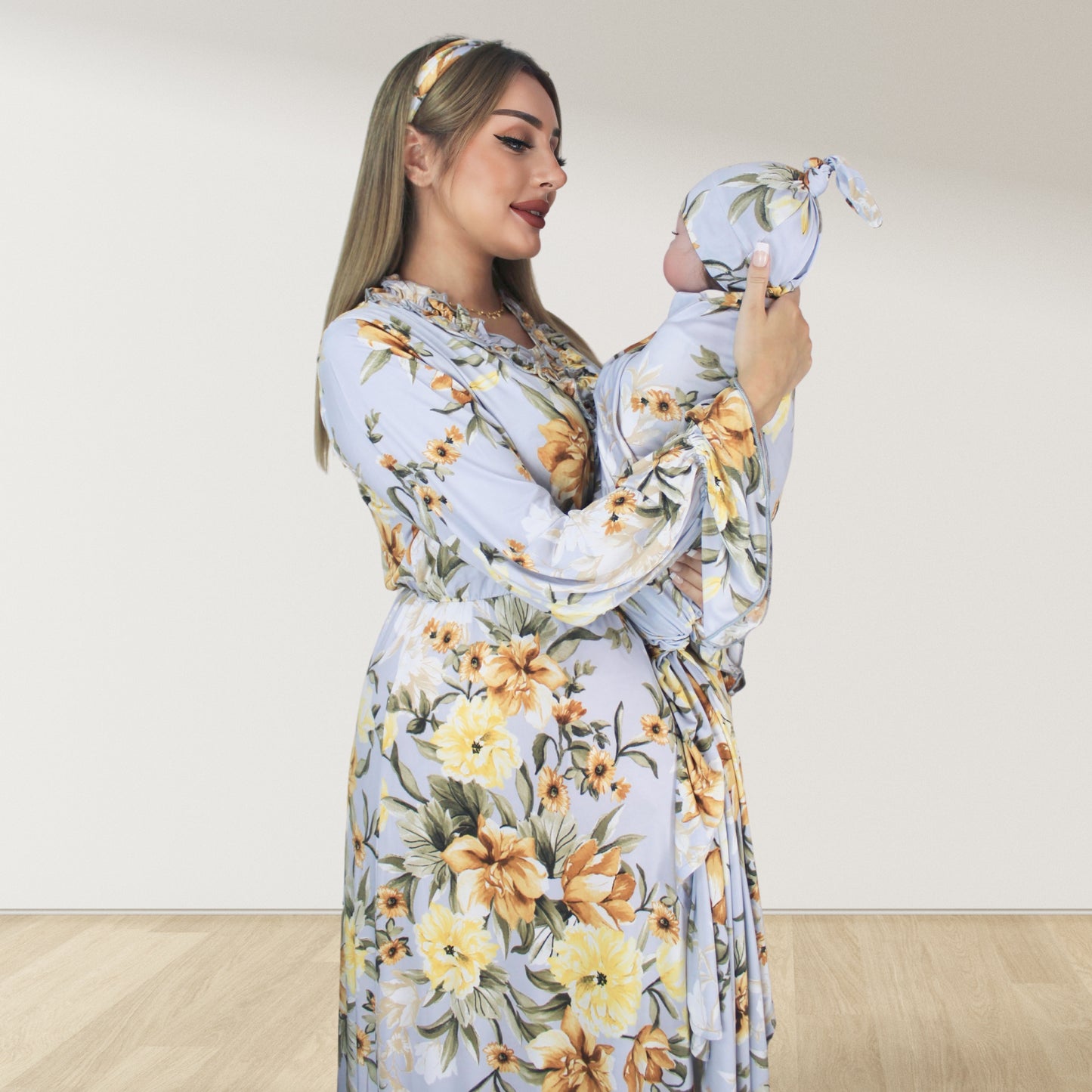 VINTAGE BLUE FLORAL MATERNITY MAXI AND SWADDLE BLANKET  SET