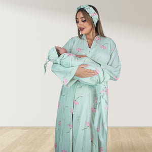 ICE GREEN FLORAL MOMMY AND ME 5 IN 1 LONG MATERNITY SET