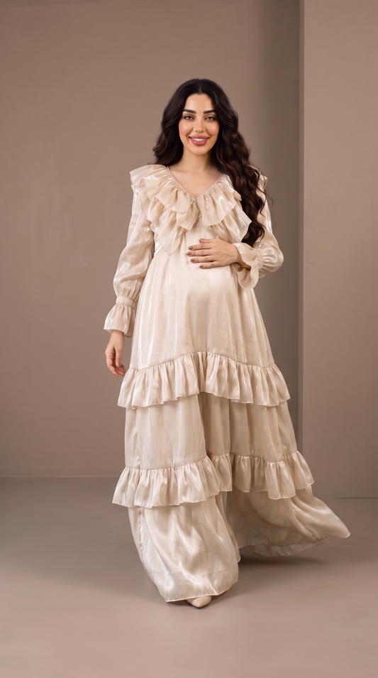 Theheb beige maternity and nursing dantela maxi