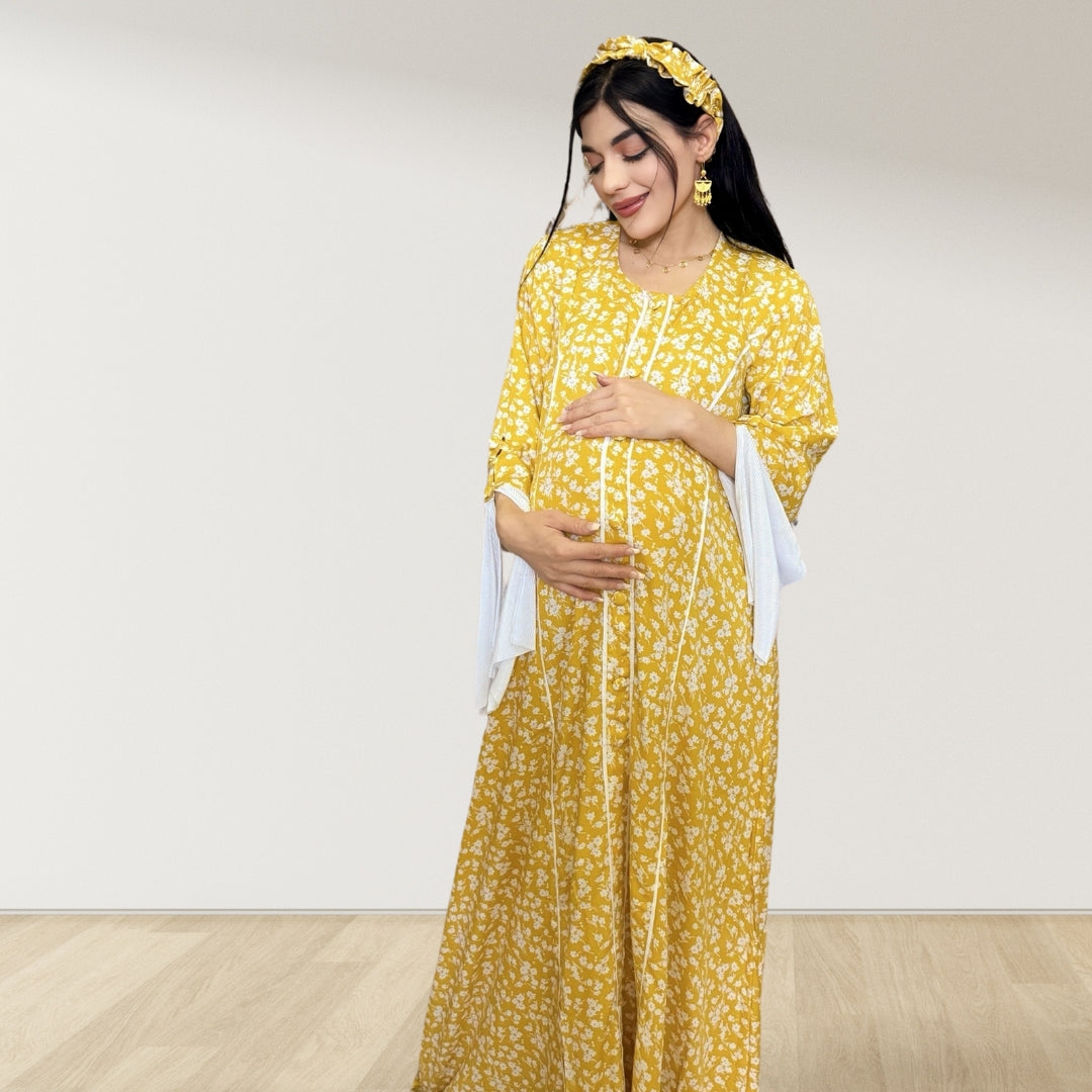 MAHRA MUSTARD YELLOW  PREMIUM COTTON TRIMMED  MATERNITY AND NURSING DRESS WITH ZIPPER