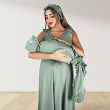 Load image into Gallery viewer, OLIVE GREEN BLUE SIGNATURE RUFFLED ROBE AND LETTUCE SWADDLE SET
