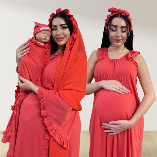 CORAL RED SIGNATURE RUFFLED ROBE AND LETTUCE SWADDLE SET