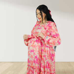 REEM BABY PINK FLORAL DOUBLE ZIPPER MATERNITY AND NURSING DRESS