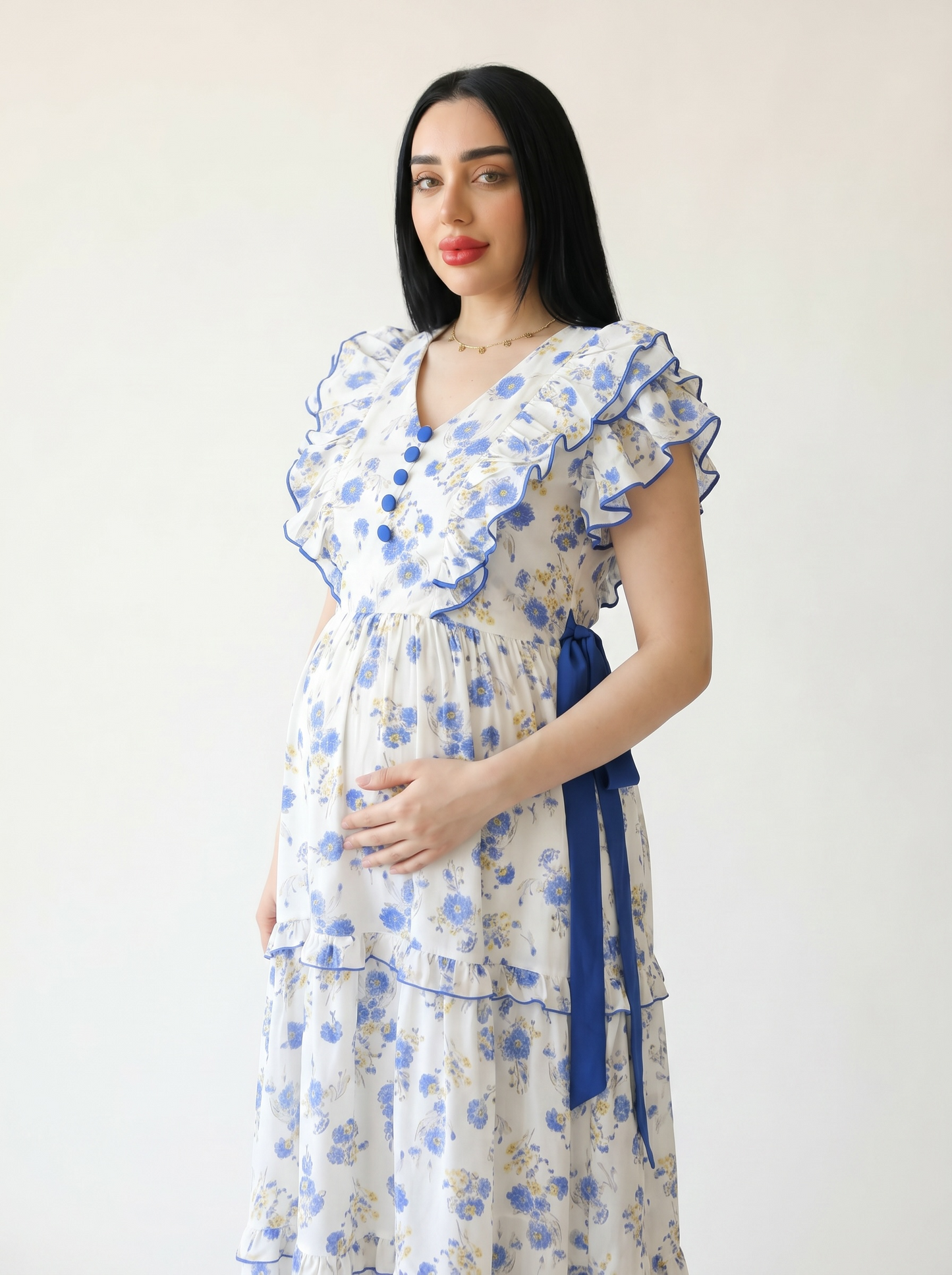 BLUE CHERRY BLOSSOM FARASHA SLEEVELESS  LAYERED MATERNITY AND NURSING GOWN