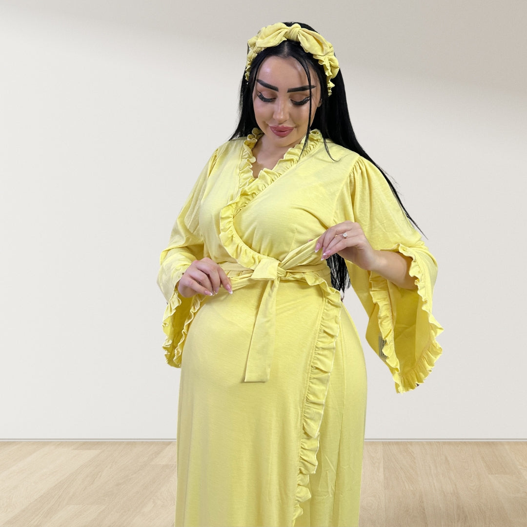 BUTTER YELLOW SIGNATURE RUFFLED ROBE AND LETTUCE SWADDLE SET