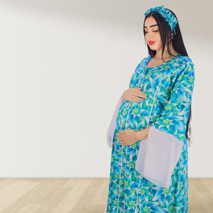 MAHRA BLUE PREMIUM COTTON TRIMMED  MATERNITY AND NURSING DRESS WITH ZIPPER