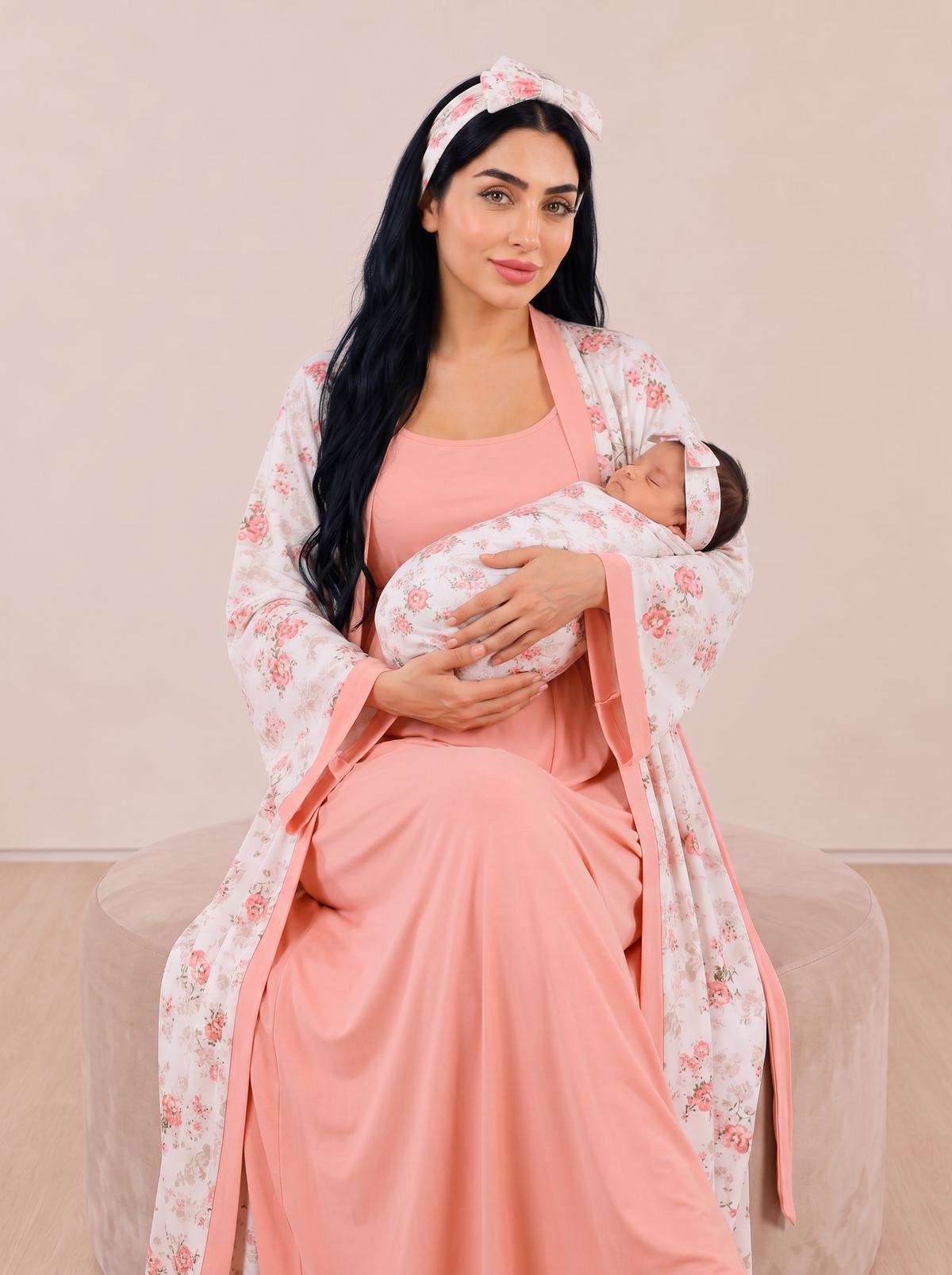 Peach and White Mommy and Me 5 in 1 Long Maternity Set