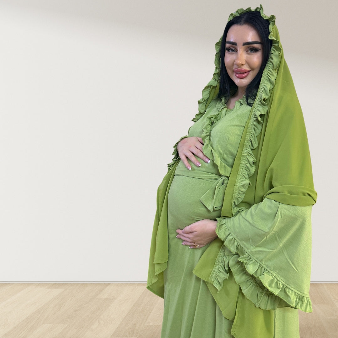 OLIVE GREEN SIGNATURE RUFFLED ROBE AND LETTUCE SWADDLE SET