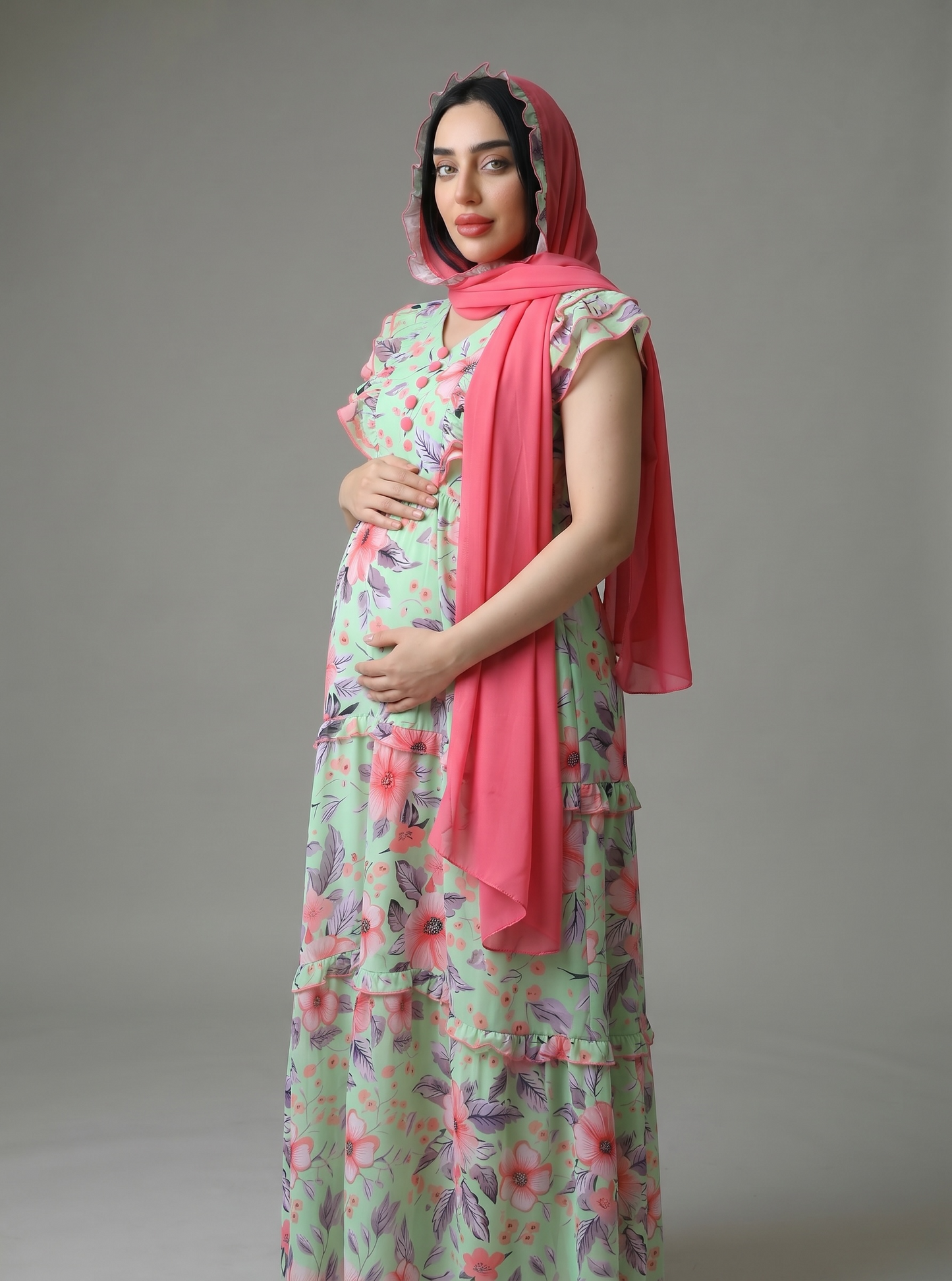 FLORAL GREEN BLOSSOM FARASHA SLEEVELESS  LAYERED MATERNITY AND NURSING GOWN
