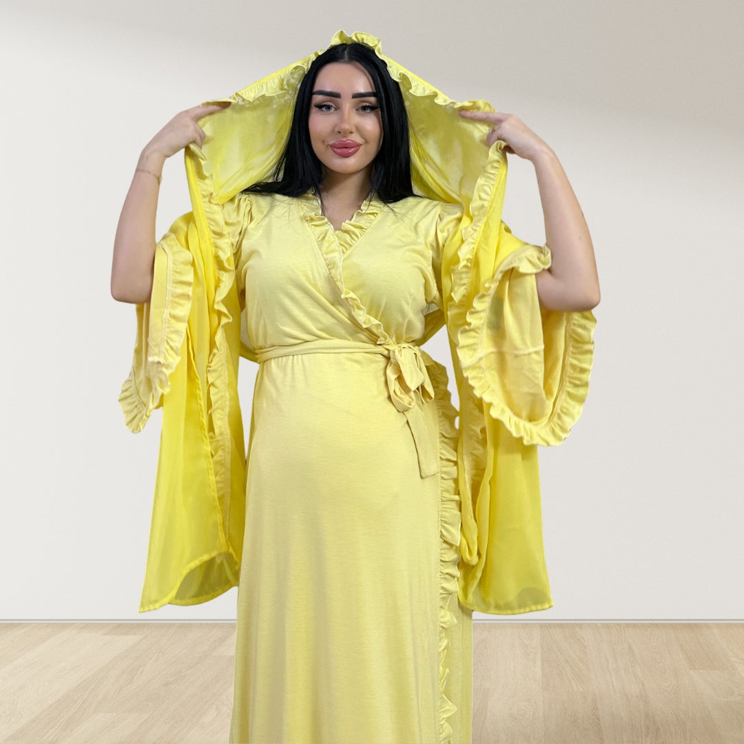 BUTTER YELLOW SIGNATURE RUFFLED ROBE AND LETTUCE SWADDLE SET