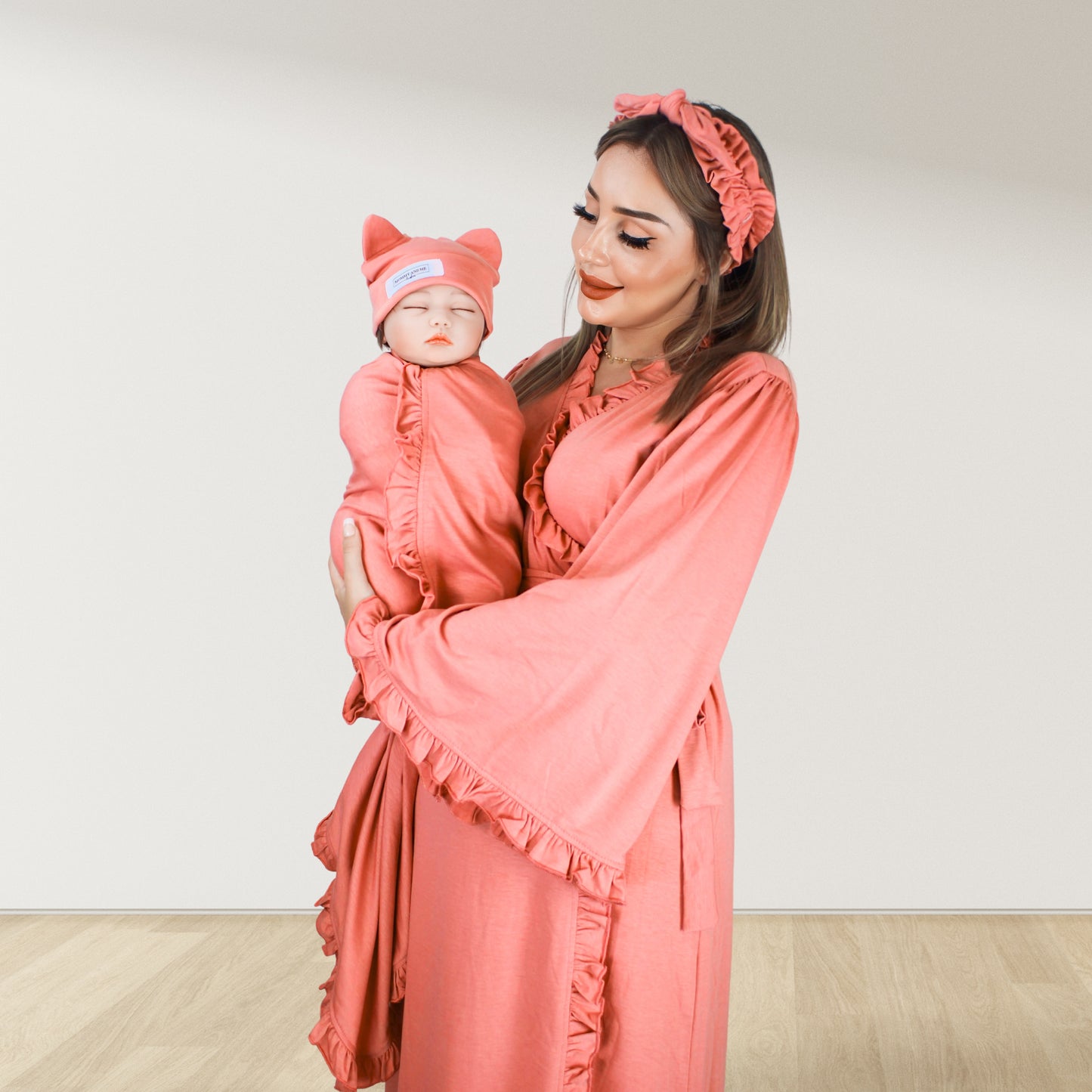 BLUSH PEACH SIGNATURE RUFFLED ROBE AND LETTUCE SWADDLE SET